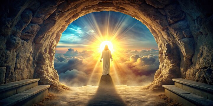 Poster template with radiant light emanating from an empty tomb, symbolizing the ascension of Jesus Christ to heaven