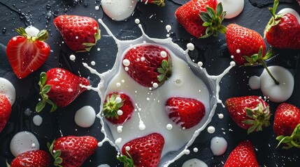 Wall Mural - Top view strawberries are surrounded by white splashing milk