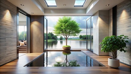 Modern entryway featuring tranquil water and tree view