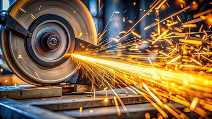 Wall Mural - Close-up of a metal-cutting circular saw creating sparks while cutting a steel beam in an industrial workshop setting