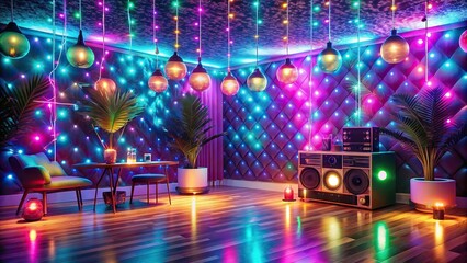 80s and 90s retro party ambiance with colorful lights and vintage wallpaper
