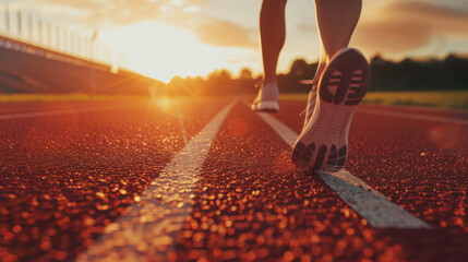 Wall Mural - Golden Hour Stride: female runners feet in motion, striking vibrant red track during serene golden hour, hinting at perfect blend of peace and perseverance in sports