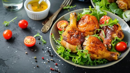Sticker - Tasty golden roasted chicken with lettuce salad restaurant menu