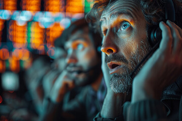 Poster - Stock market traders reacting with panic and anxiety as they watch plummeting prices on monitors. Concept of market volatility and investor fear. Generative Ai.