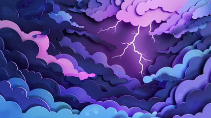 Wall Mural - A 3D papercut depiction of a thunderstorm with dark pastel clouds and lightning bolts