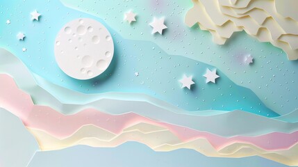 Wall Mural - A 3D papercut illustration of a clear night sky with pastel-colored constellations and a full moon