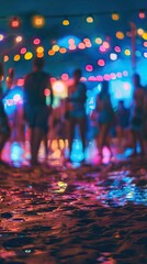 Wall Mural - Beach at night ith neon lights. blurred vie of people. AI generated illustration