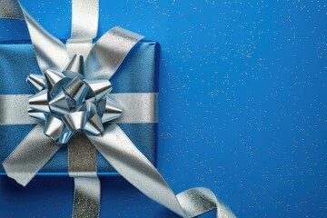 Wall Mural - Blue Holiday Border. Silver Ribbon and Bow Decoration on Festive Gift Background