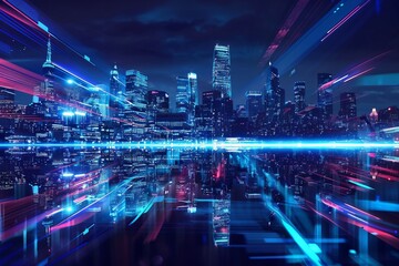 Poster - A concept of digital, internet, 5G communication, networking, smart cities, business, partnerships, network connection, and technology using artificial intelligence. A night city background with a
