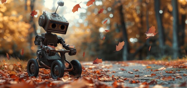 In an autumn alley, a happy humanoid robot rides a bicycle. The robot experiences emotions and feelings. The concept derives from technology development using artificial intelligence.