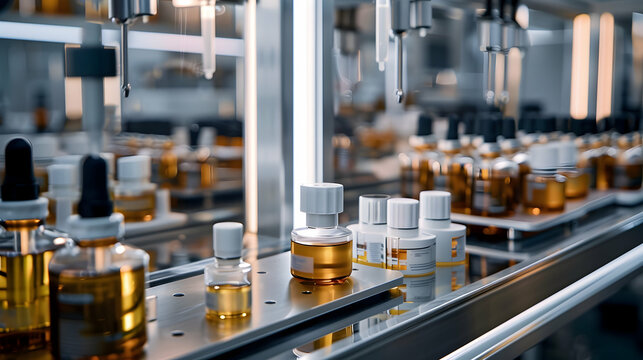 Automated Robotic cosmetic serum Line. Skincare production plant indoors