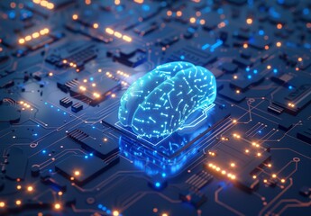 Poster - Wireframe Brain connect with circuit electronic graphic and binary code abstract background. Blue tone.