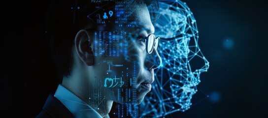 Poster - AI robot technology and a businessman in a digital world. A background of cyber space, digital worlds, and metaverses with investment in big data.