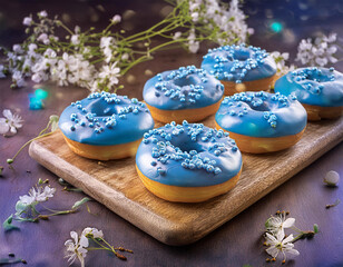 Wall Mural - Tasty blue donuts on wooden chopping board