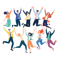 Diverse group people celebrating victory, joy, excitement. Men women jump raised arms, expressing happiness success. Animated characters show celebration, teamwork, euphoria