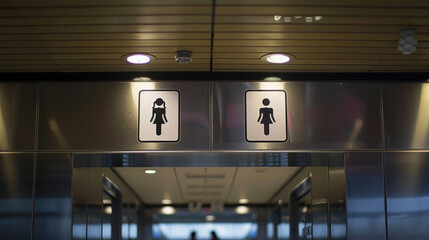 Toilet signs mark washrooms for men and women.