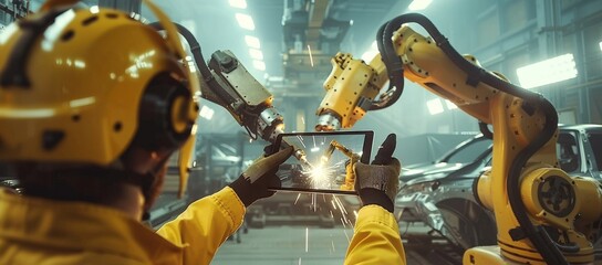 Poster - Control and inspection of welding robots in an intelligent factory with automatic arms. Digital manufacturing operation. Industry 4.0.