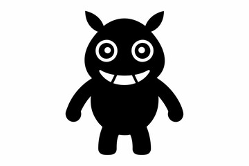 Wall Mural - Black cartoon monster with big eyes and horns. Cute creature design, kids illustration, monster character, whimsical drawing for children. Black silhouette isolated on white background.