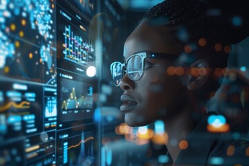 Poster - ICT (Information Communication Technology) and graphical user interface concept of a black woman working in the office.