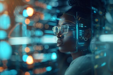 Poster - System engineering. ICT. Black woman working in an office and a futuristic graphical user interface. ICT (Information Communication Technology).