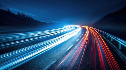 Acceleration speed motion on night road. Light and stripes moving fast