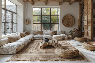 Poster - a minimalist living room with clean lines, neutral colors, and simple decor, promoting a sense of ca
