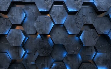 Poster - 3D rendering of black and blue hexagons as a background pattern