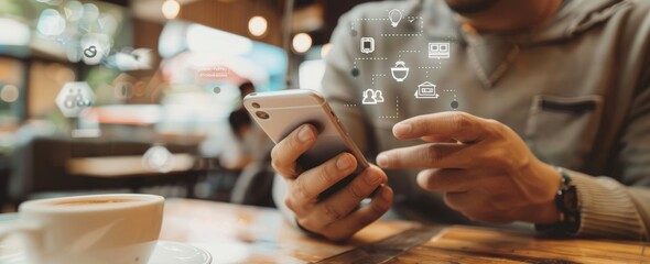 Wall Mural - An image of a man with his hand pressing on a smartphone display, turning on wifi technology, in an effort to check on his property and home remotely.