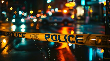 Police tape cordoning off a crime scene on a rainy city street at night