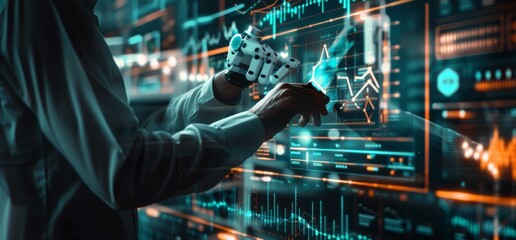 Poster - A manager engineer analyzes and controls automated robot arms machines on software powered by a virtual interface in real time for an intelligent factory industrial and digital manufacturing