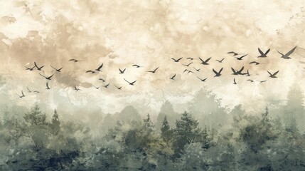 Wall Mural - soft pastel watercolor a flock of birds flying above the trees in a forest wallpaper