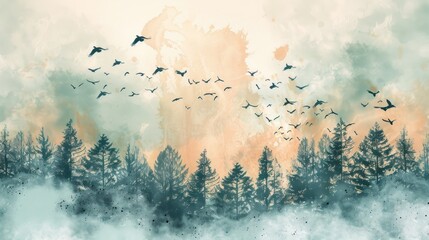 Wall Mural - soft pastel watercolor a flock of birds flying above the trees in a forest wallpaper