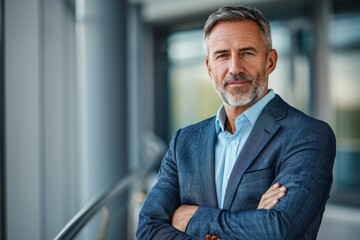 Wall Mural - An older middle aged business executive stands in his office with a smile on his face.