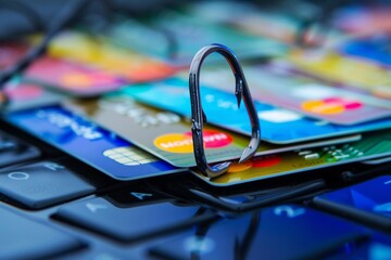 An attack concept involving stealing credit card details with a fishing hook on a laptop keyboard