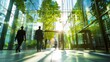© Maxim Borbut - The concept of sustainability in business centers, crowds of business people walking at a corporate office in a green city downtown, abstract motion blur image with blurred background, generative AI