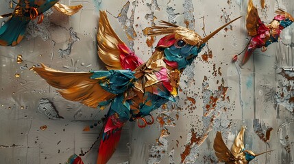 Volumetric decorative exotic birds against the background of a plastered wall.