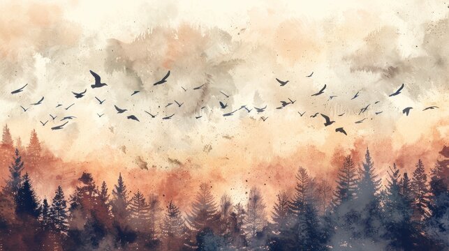 soft pastel watercolor a flock of birds flying above the trees in a forest wallpaper