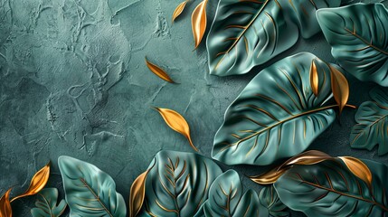 Tropical leaves on the background of a plastered concrete wall.