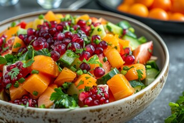 Bowl of fruit salad with abundant green garnish