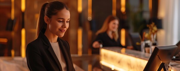 A woman is sitting at a desk in a hotel lobby, smiling at the camera. The scene is bright and cheerful, with a sense of hospitality and warmth
