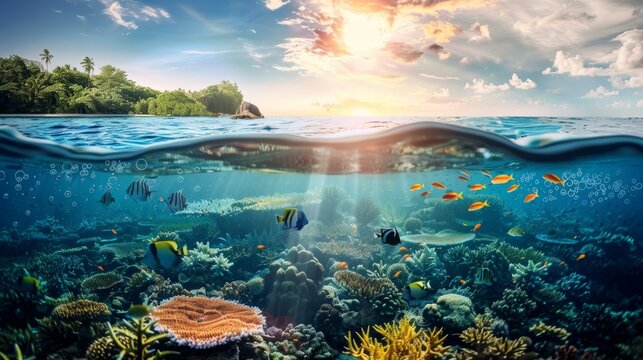 Tropical Island Paradise: A Split View of Underwater Wonders