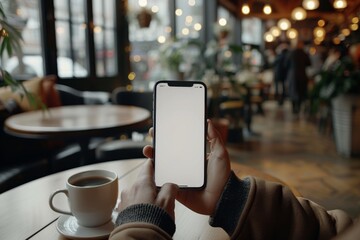 Canvas Print - Person holding phone with white screen in cafe