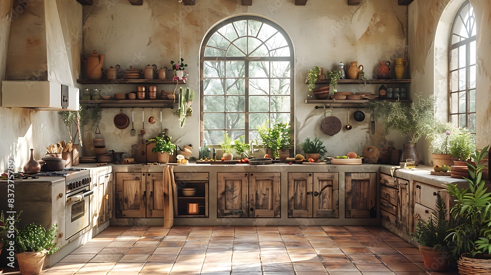 Sunlight streams into a rustic kitchen with terracotta tiles, featuring ...