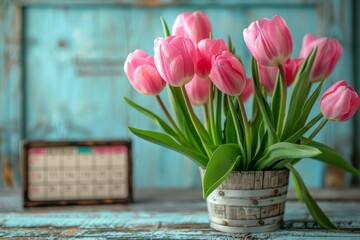 Canvas Print - Pink flowers in vase on table