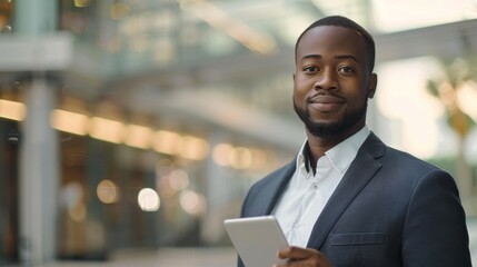 A man in a suit holding a tablet