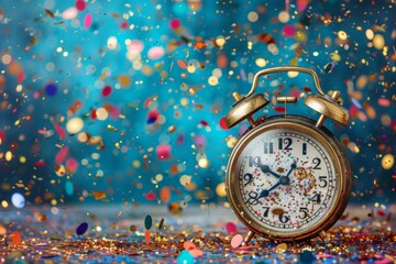 Clock on table with confetti