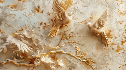 Wall Mural - Volumetric decorative exotic birds against the background of a plastered wall.