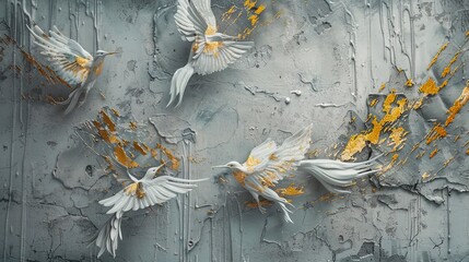 Wall Mural - Volumetric decorative exotic birds against the background of a plastered wall.