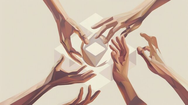 Abstract composition of hands reaching towards each other, forming an isometric cube with a glass sphere at the center, on a light grey background. The colors white and brown add depth to the scene. 