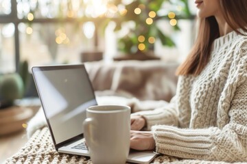 Canvas Print - Woman on sofa with laptop and coffee